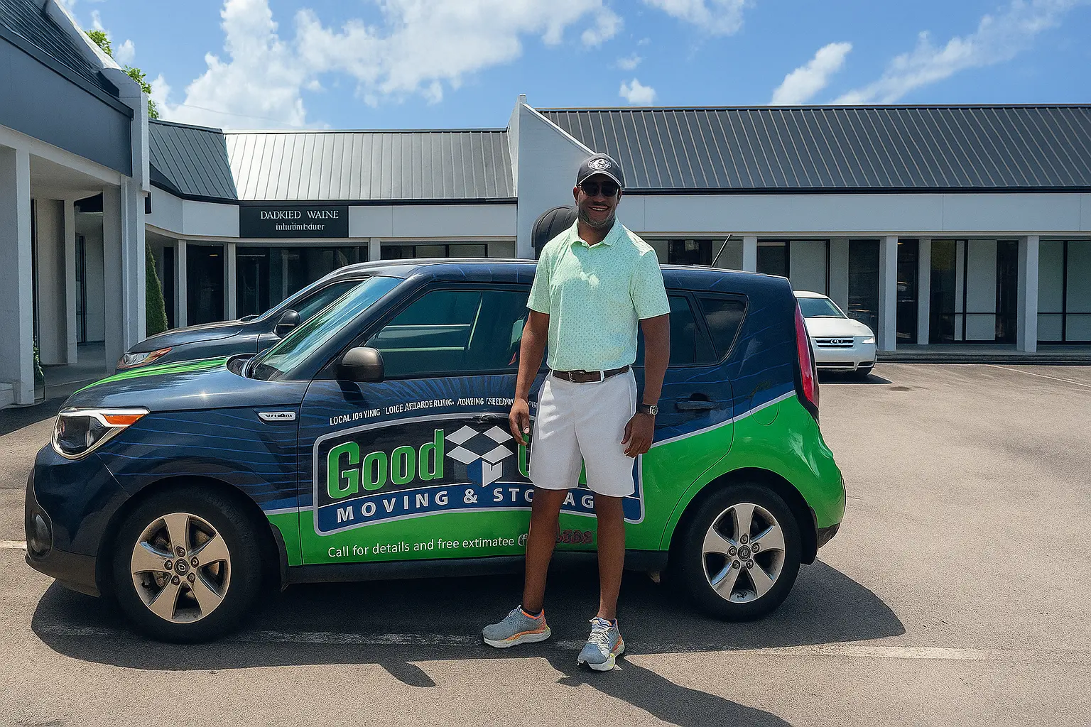 Good Time Moving & Storage branded car outside a Tennessee office